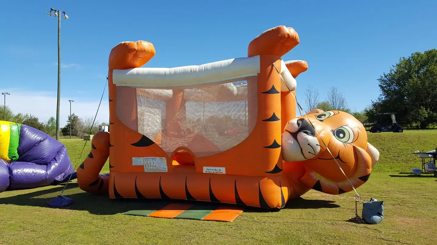 A pair of bounce houses with different themes