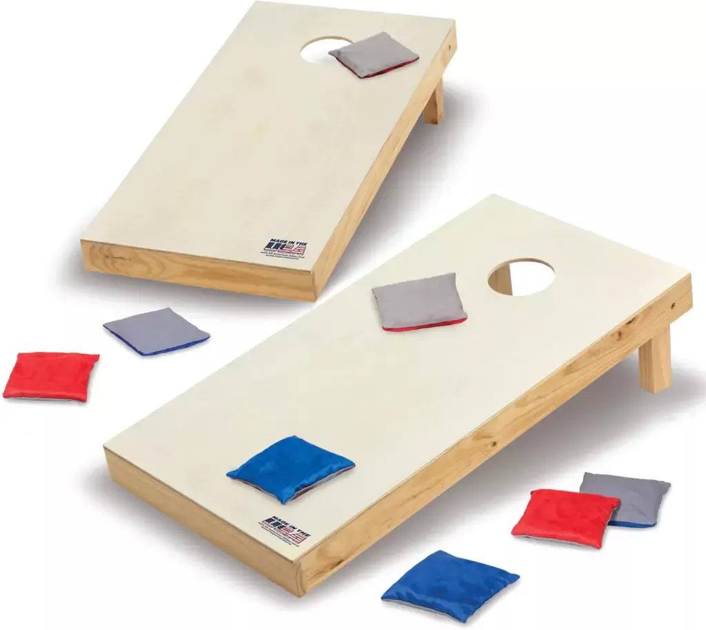 Cornhole bean bag tossing game with boards and bags